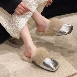 Silver Glamorous Women's Fluffy Slip-On Mule Slippers